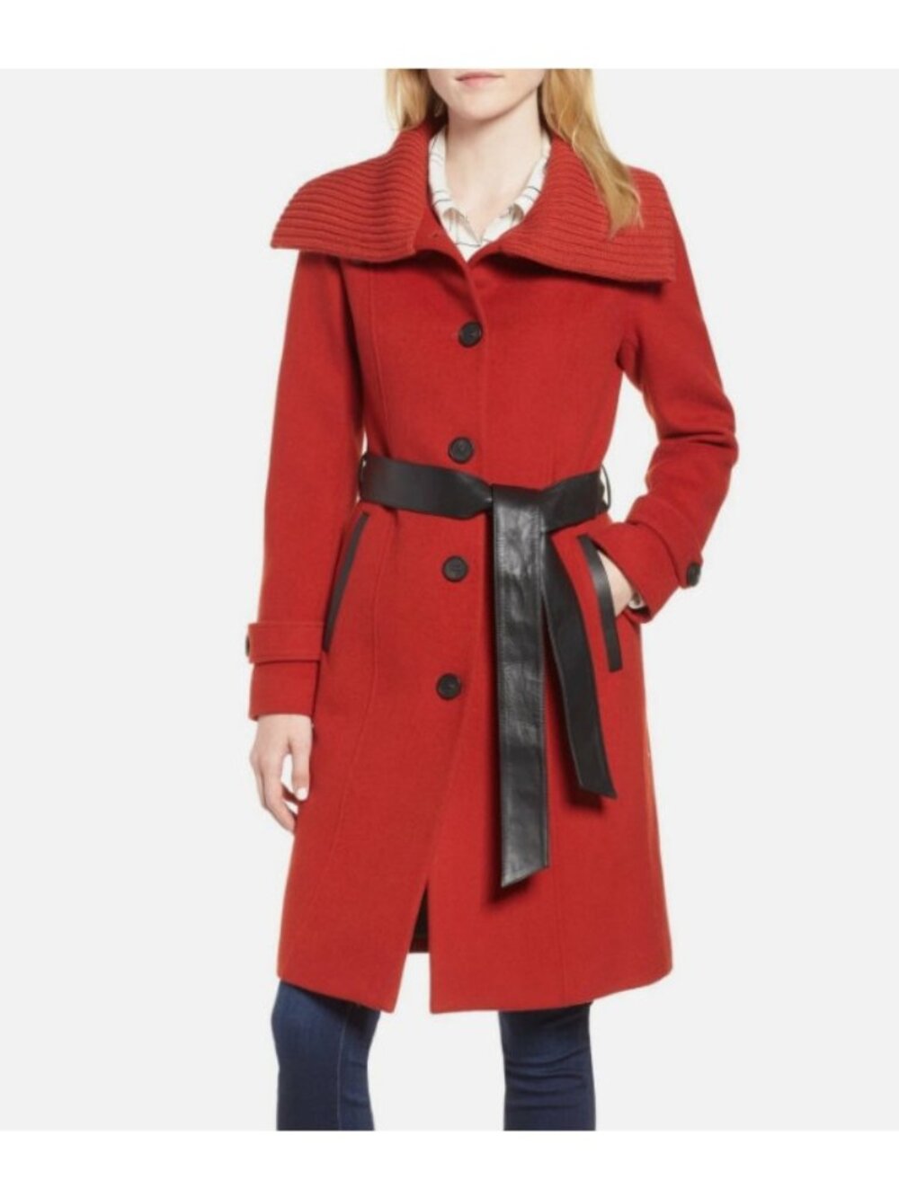Mackage Red Paprika Wool-Blend Knit Collar Trench Coat W/ Leather Belt, Size S